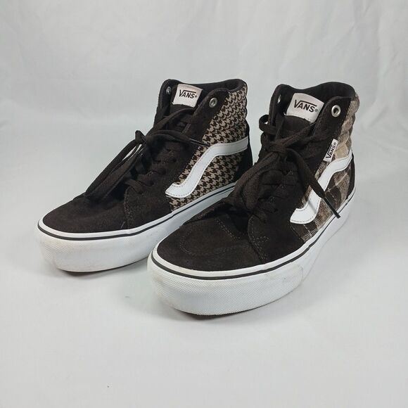 Vans Womens 9 Sk8 Hi Brown Suede Plaid Houndstooth Checkerboard High Top Shoes - Picture 1 of 13